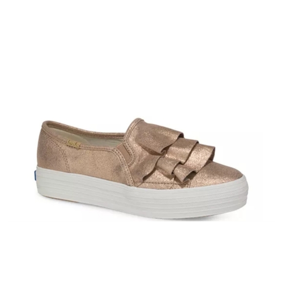 Keds | Women's Triple Ruffle Metallic Suede Slip-On Sneakers - Picture 1 of 11